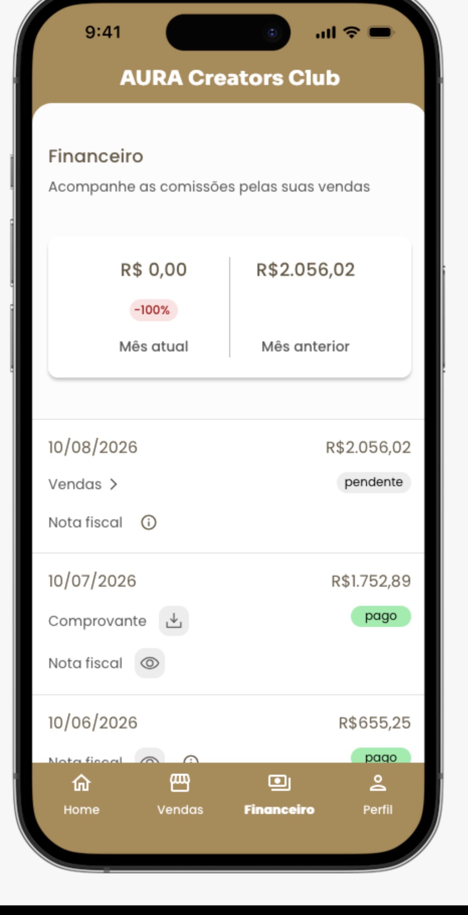 Tela Financeiro mostrando histórico de comissão e nota fiscal