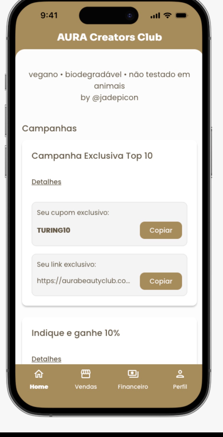 Tela Home do app ACC mostrando campanha ativa, cupom exclusivo e link de divulgação