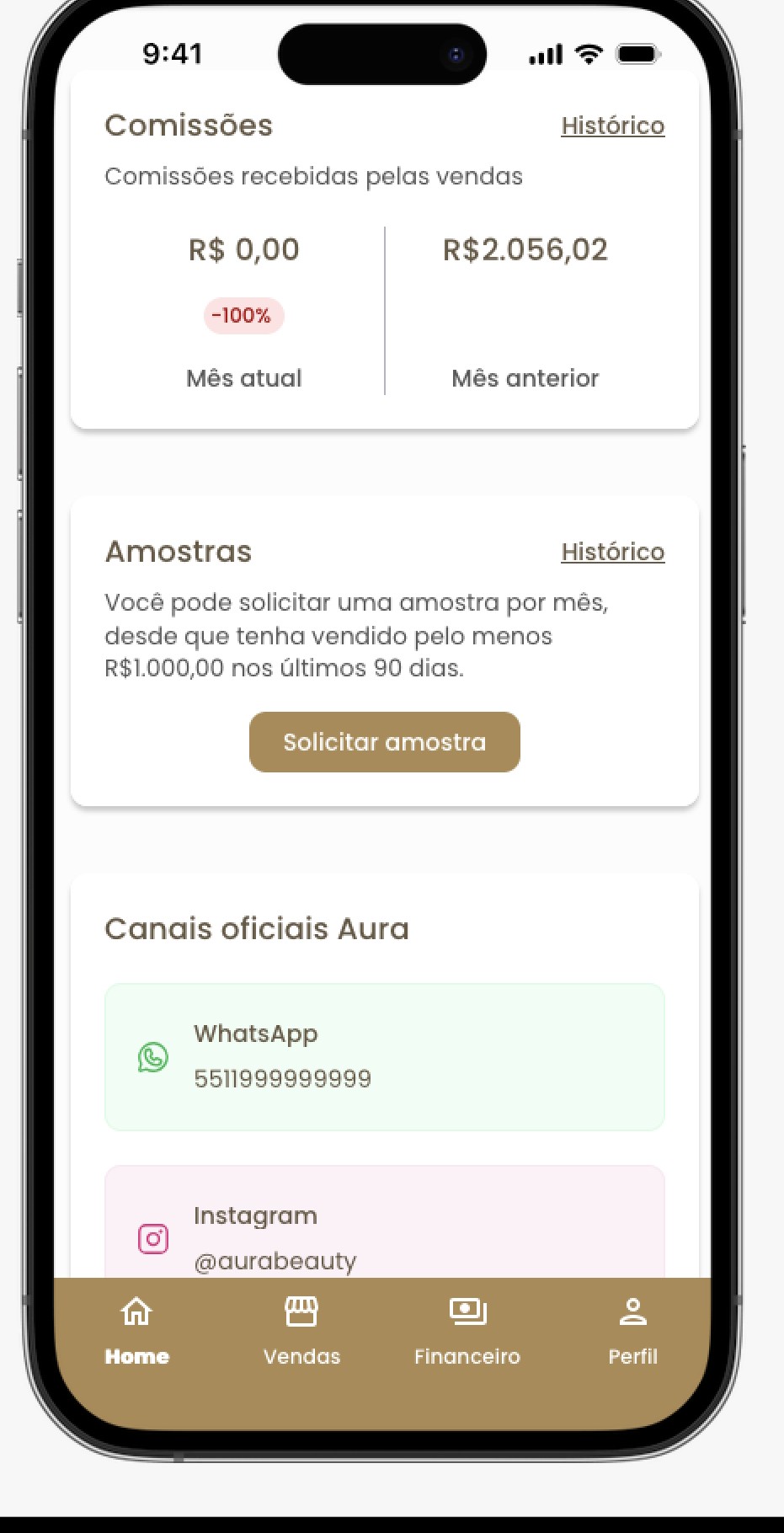 Tela Home mostrando comissões, amostras e canais oficiais da AURA