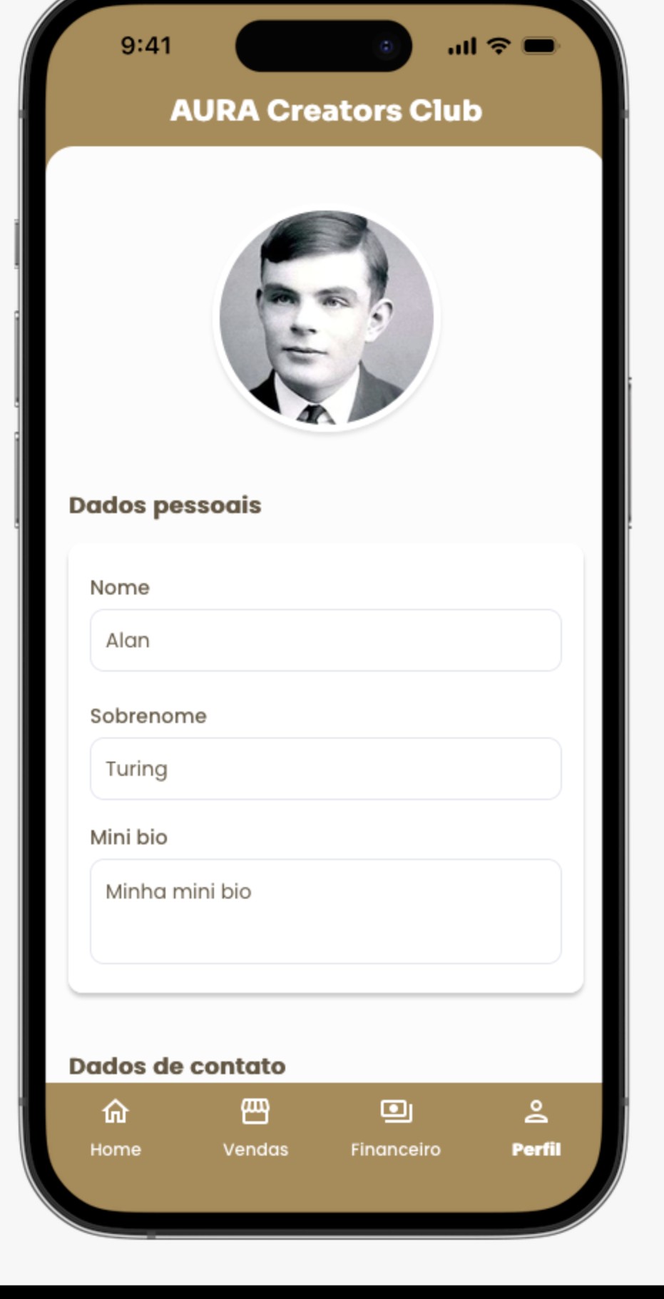 Tela Perfil mostrando dados pessoais
