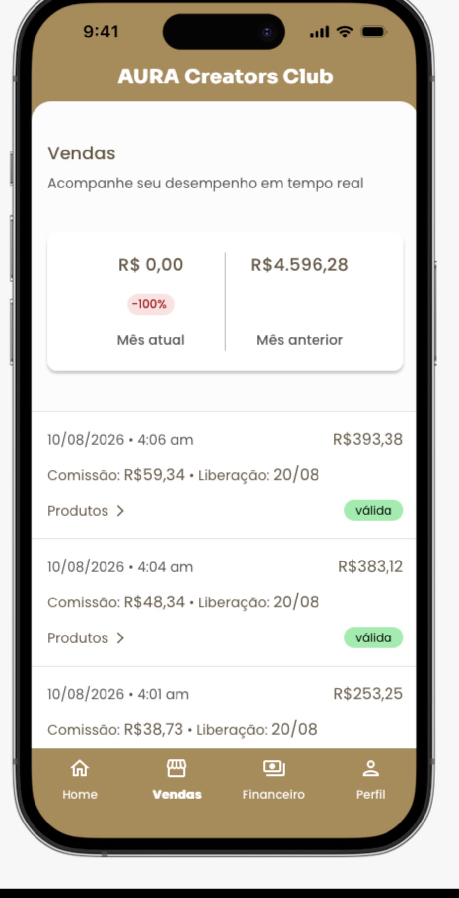 Tela Vendas mostrando histórico detalhado de cada venda