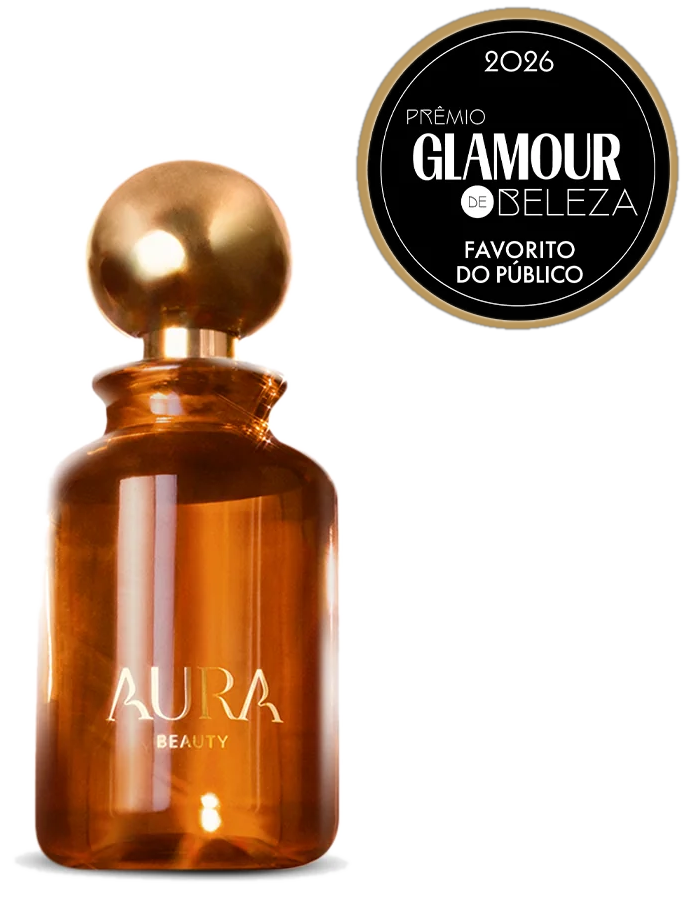 Frasco do AURA EDT com selo Favorito do Público, Prêmio Glamour de Beleza 2026